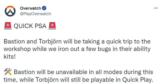 堡垒和托比昂因为技能Bug已经被《守望先锋：归来》暂时禁用。