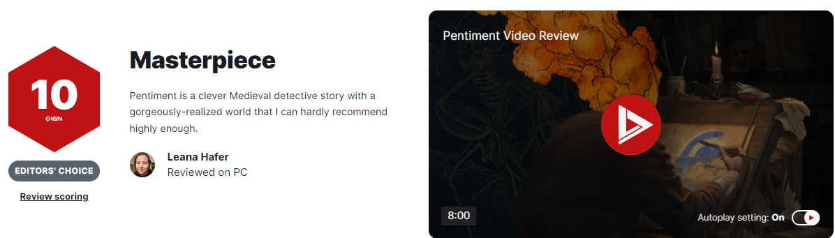 黑曜石新作《Pentiment》IGN10分值得玩很多次。