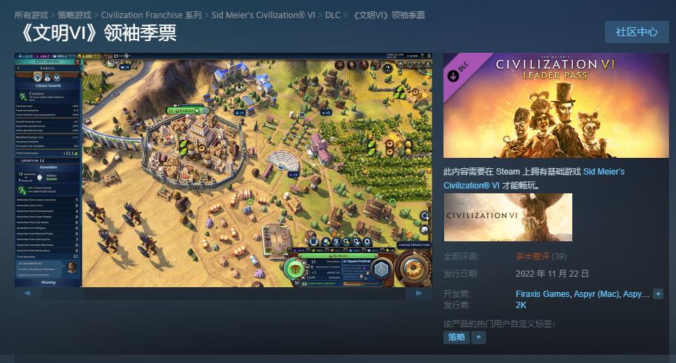 《文明6》领袖季票正式发售。Steam获得“最差评论”