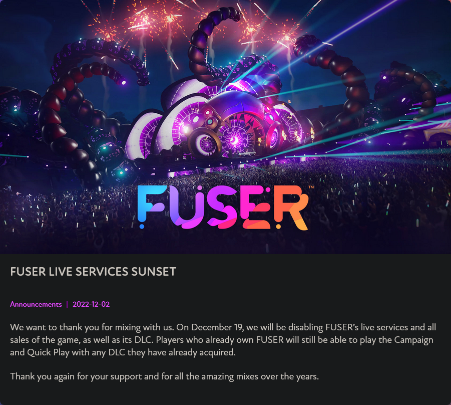 DJTour《FUSER》将于12月19日关闭服务并停止销售。