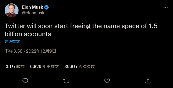 占用过多用户名马斯克宣布将删除15亿个不活跃的Twitter账户。
