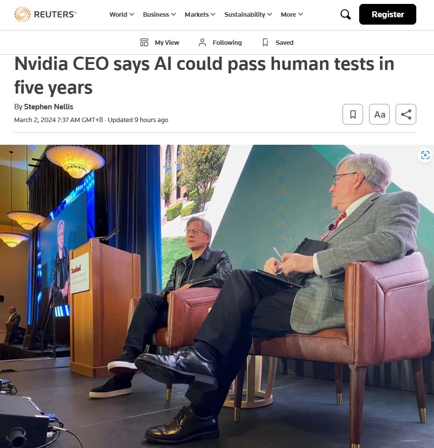 黄仁勋：通用人工智能最快有望在五年内面世，它可以通过任何人类测试。
