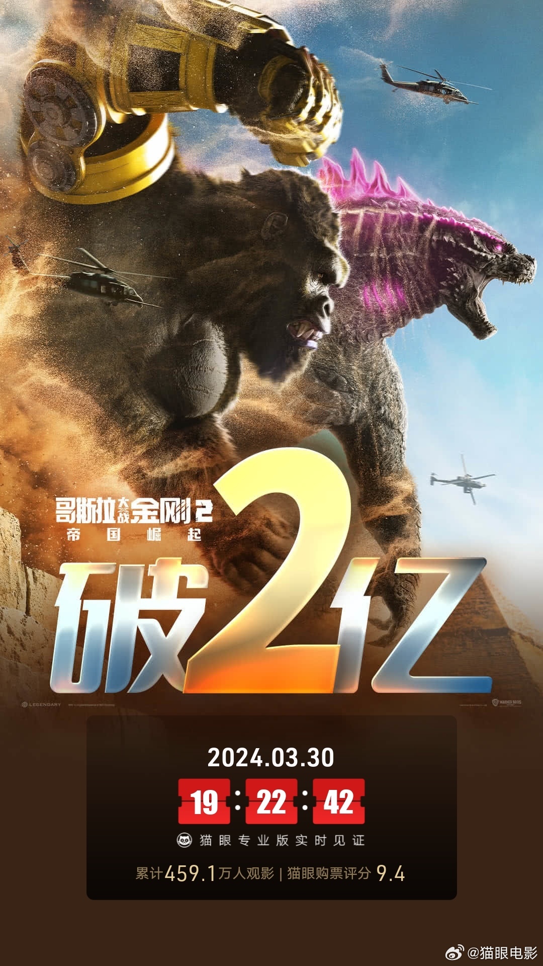 《哥斯拉大战金刚2：帝国崛起》发布2天总票房破2亿
