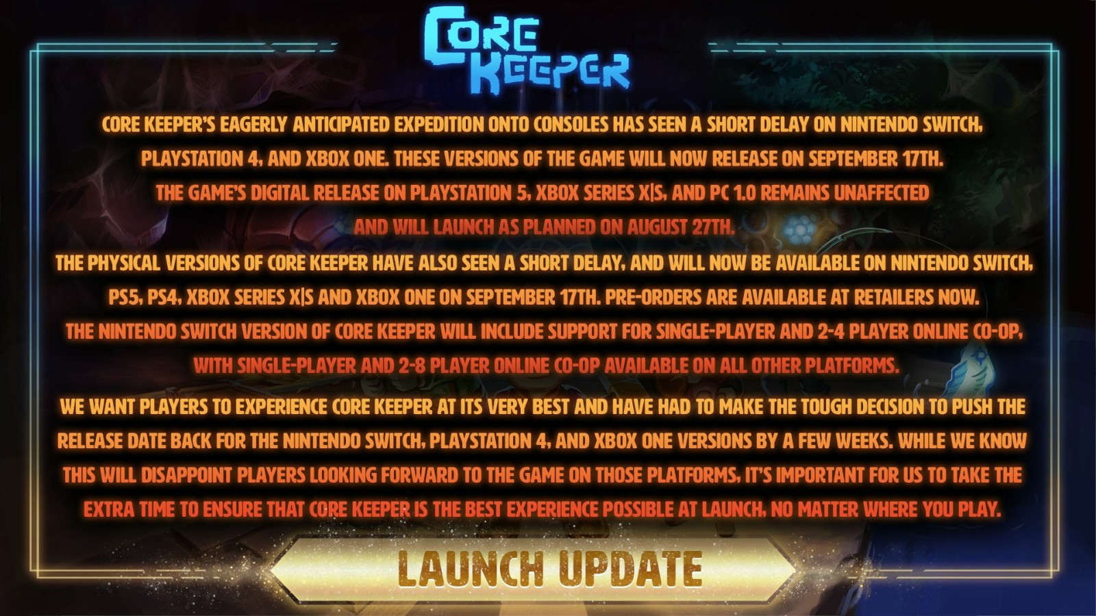 《地心护核者》Switch版本宣布推迟至9月17日
