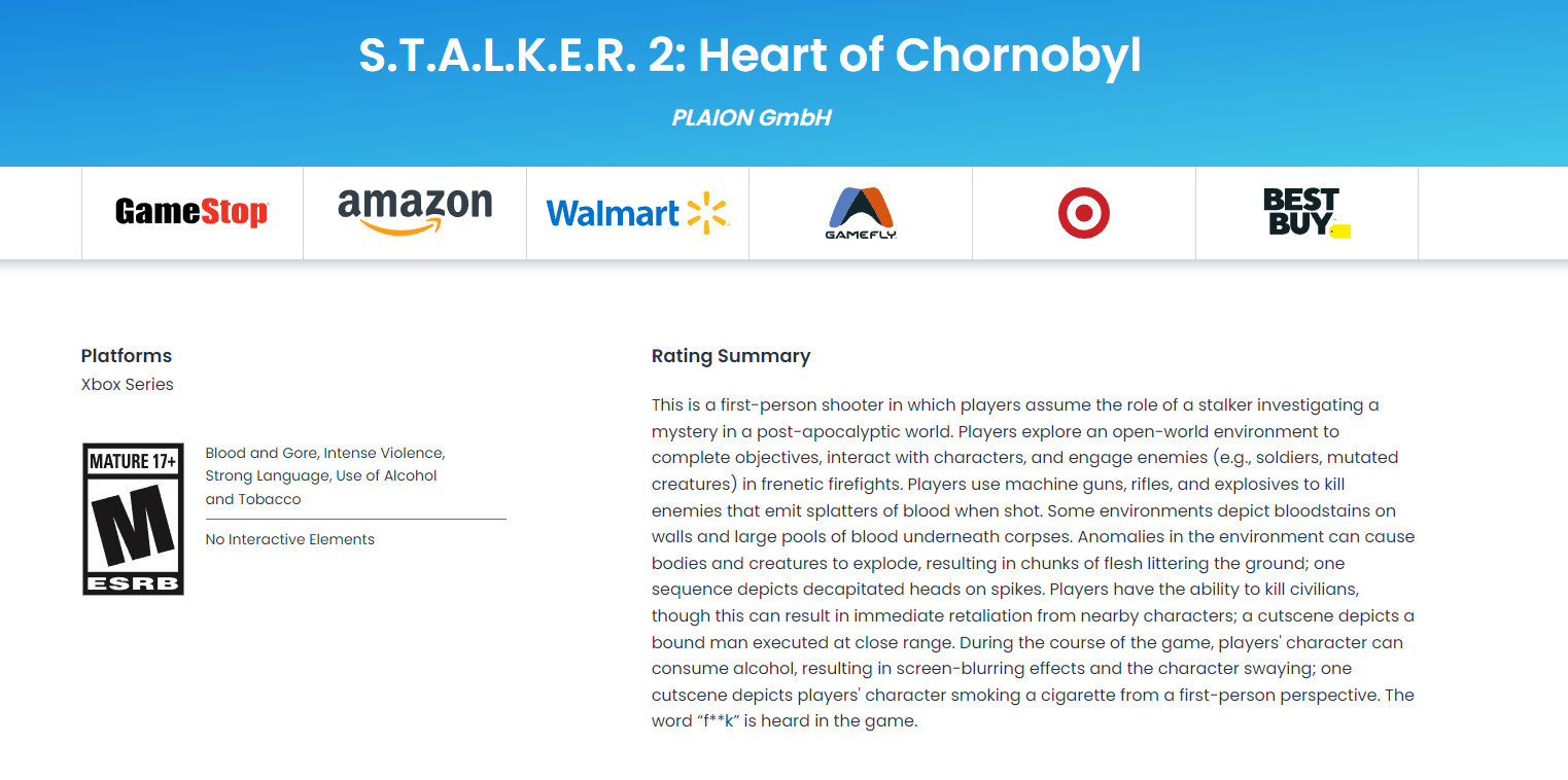 《潜行者2》因暴力、血腥、脏话被ESRB评为M级
