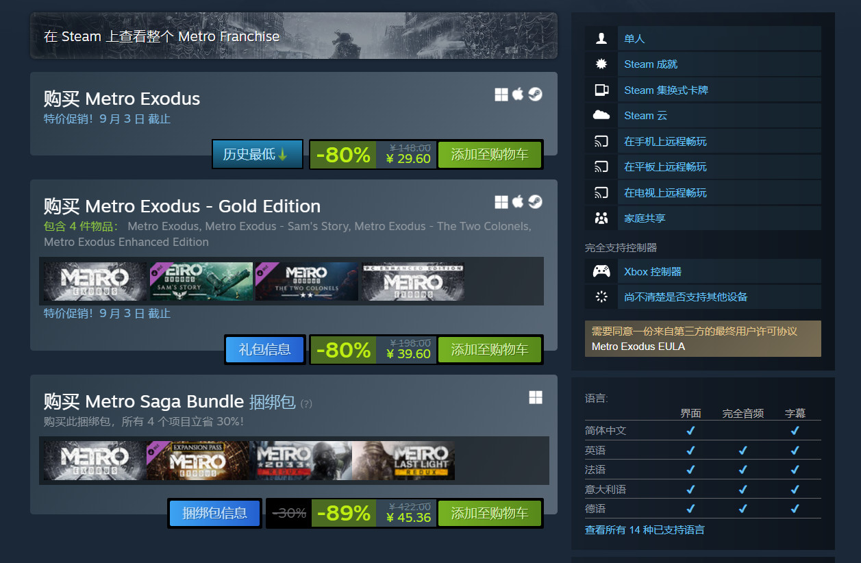 《地铁：逃离》Steam八折促销目前仅售29元
