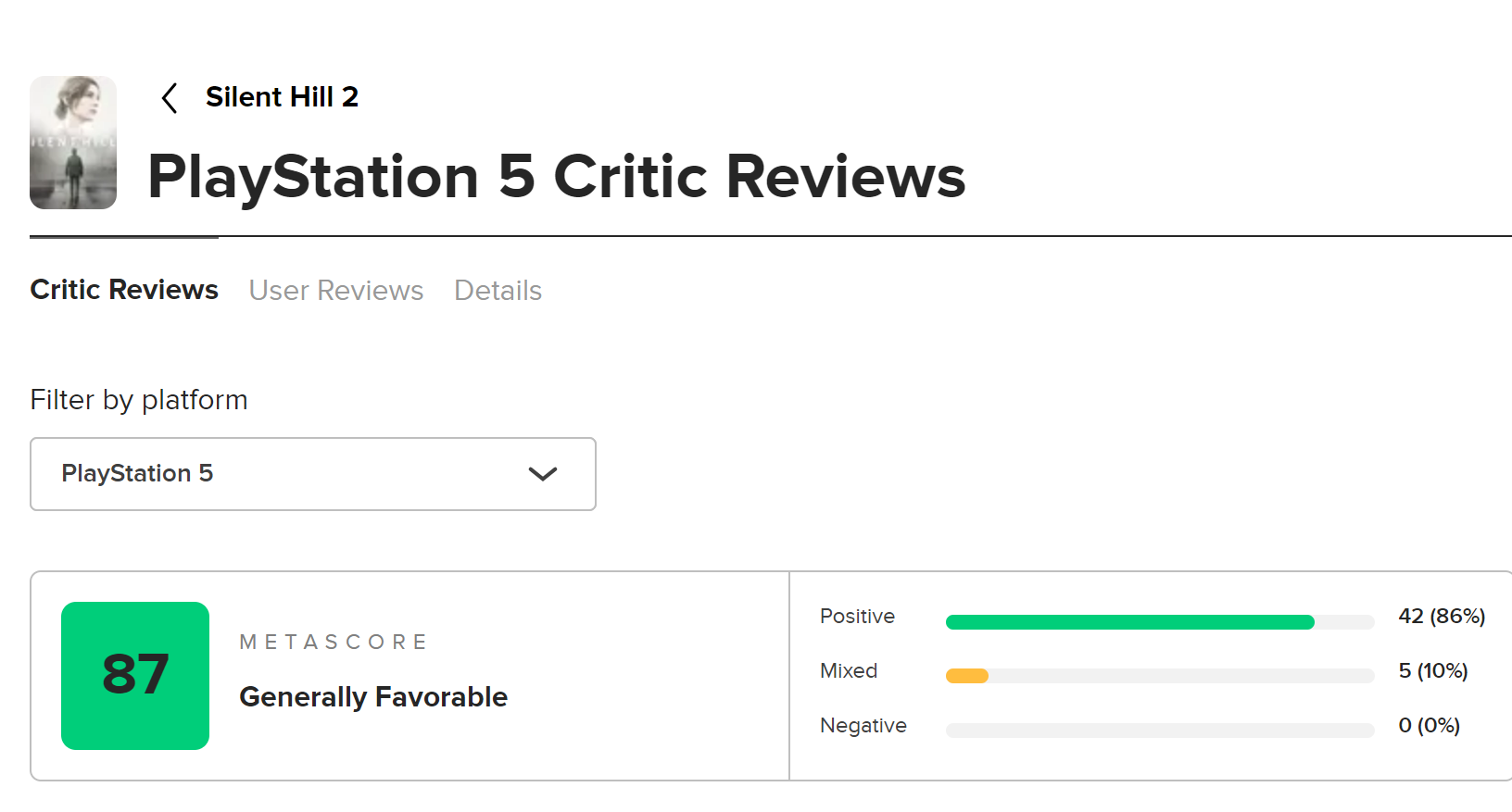 《寂静岭2：重制版》M站有足够的惊喜，平均分87
