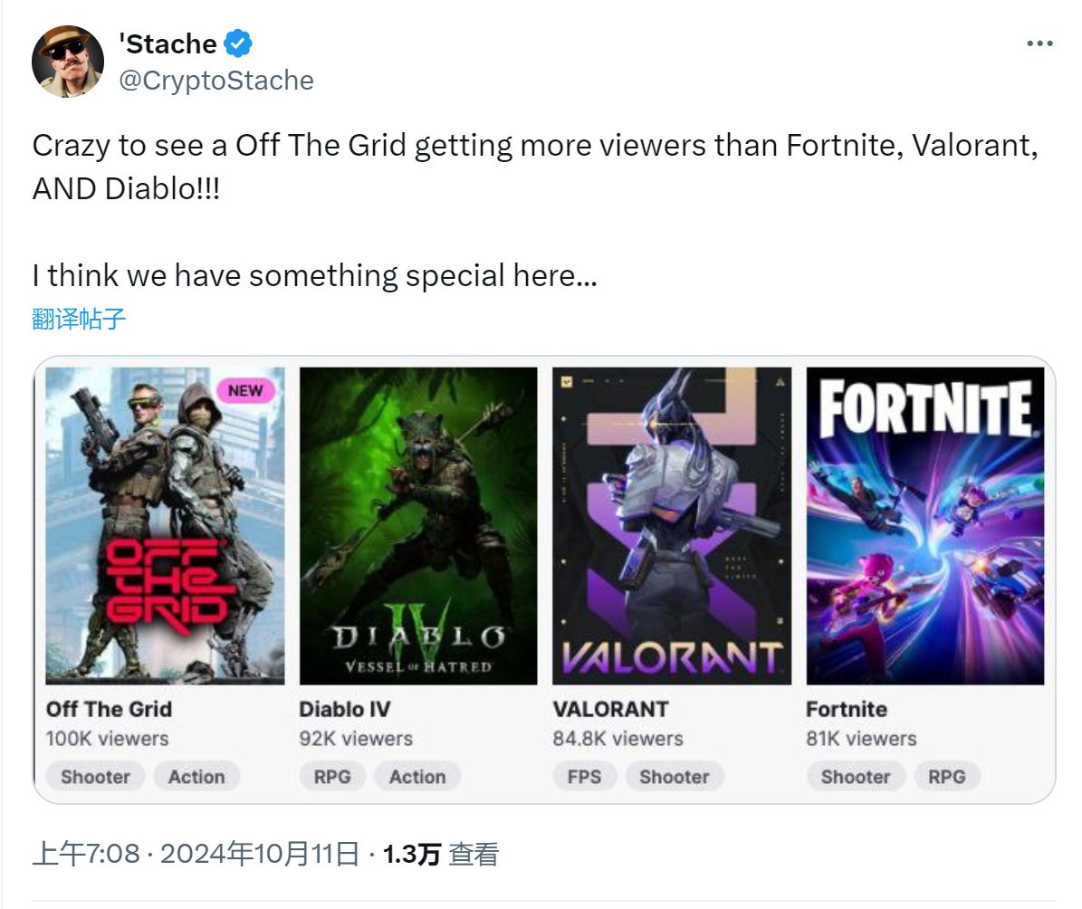 易泰逃生《Off the Grid》在Twitch上走红，人气已超过《堡垒之夜》
