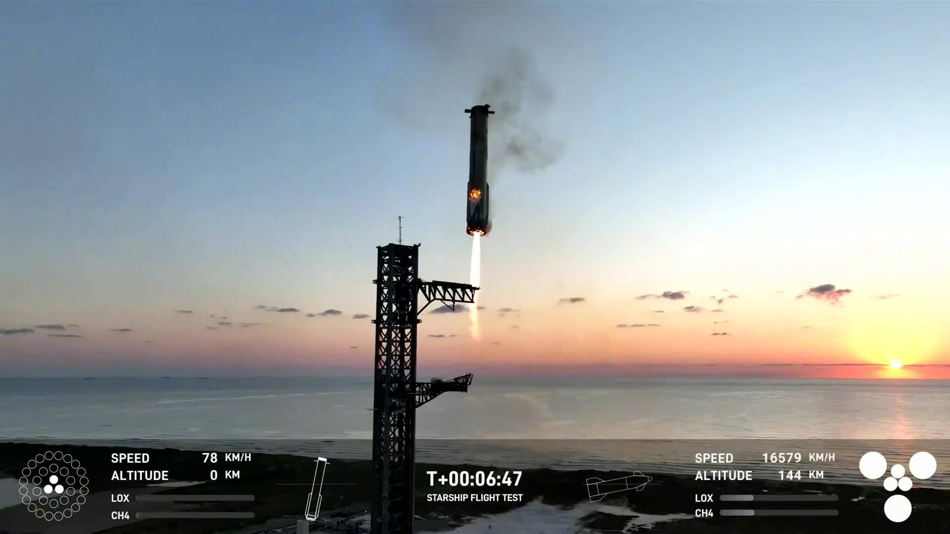 SpaceX首次成功回收星舰，“筷子”成功夹住超大火箭
