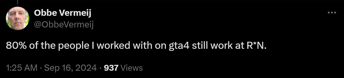 《GTA4》80%的老员工仍在开发RStar《GTA6》
