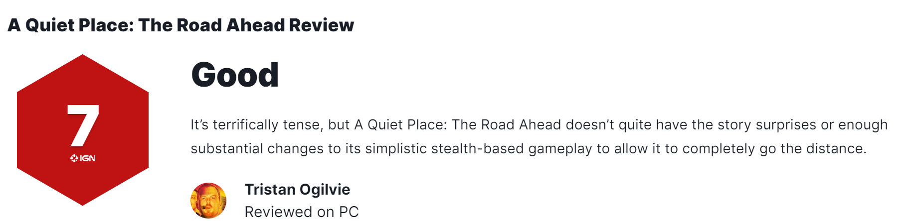 《寂静之地：前方之路》IGN7分氛围良好，缺乏惊喜
