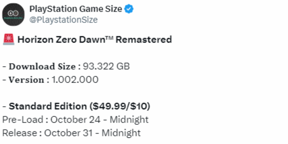 《地平线：零之曙光重制版》产能暴露将于10月24日开启
