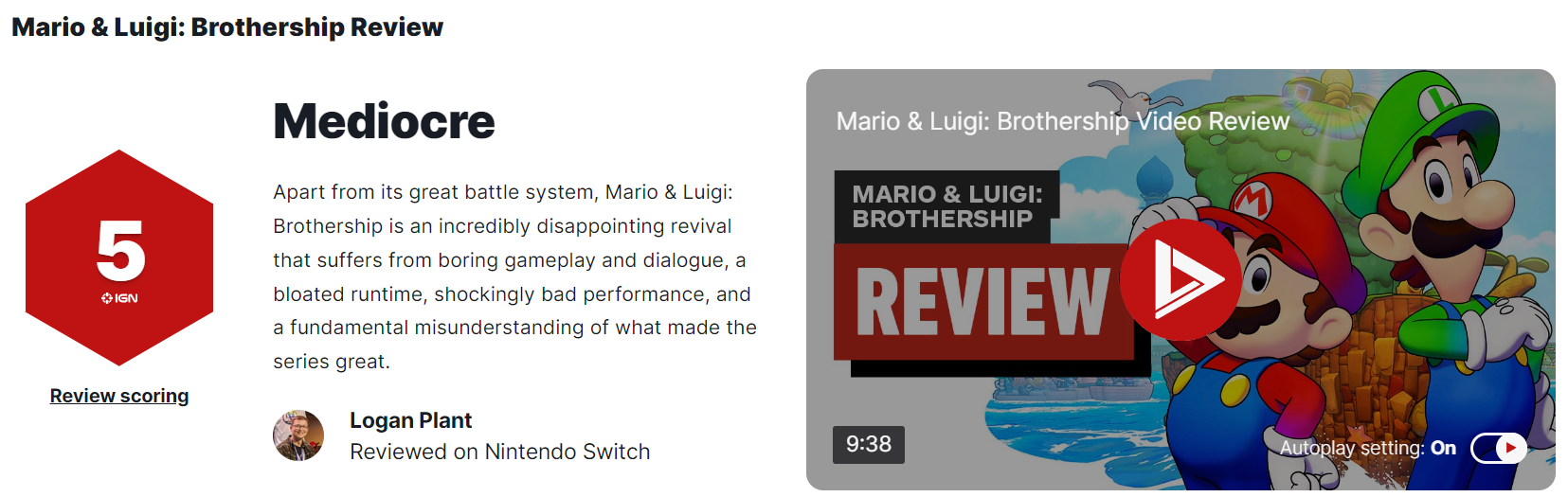 《马力欧＆路易吉RPG 兄弟齐航！》IGN5分失望
