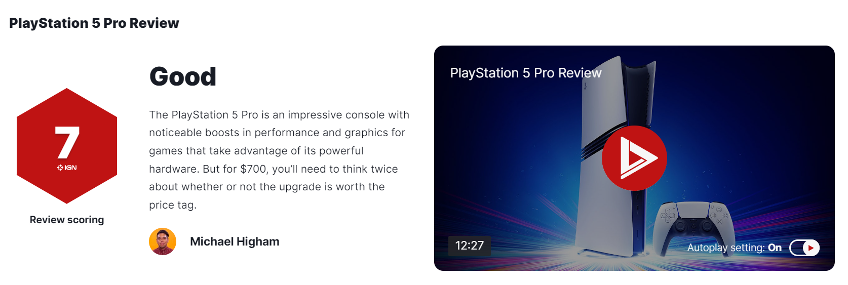 PS5Pro主机IGN7分：性能明显提升，价格过高
