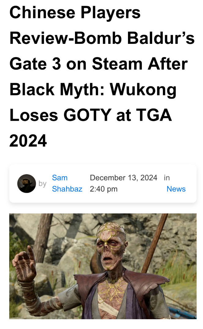 《黑神话》在输掉年度TGA游戏后遭到玩家差评的轰炸
