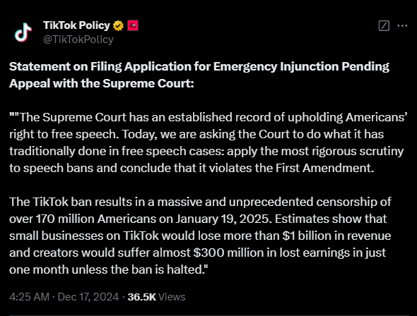 不卖就禁止！TikTok要求美国最高法院暂停2025年1月生效的禁令
