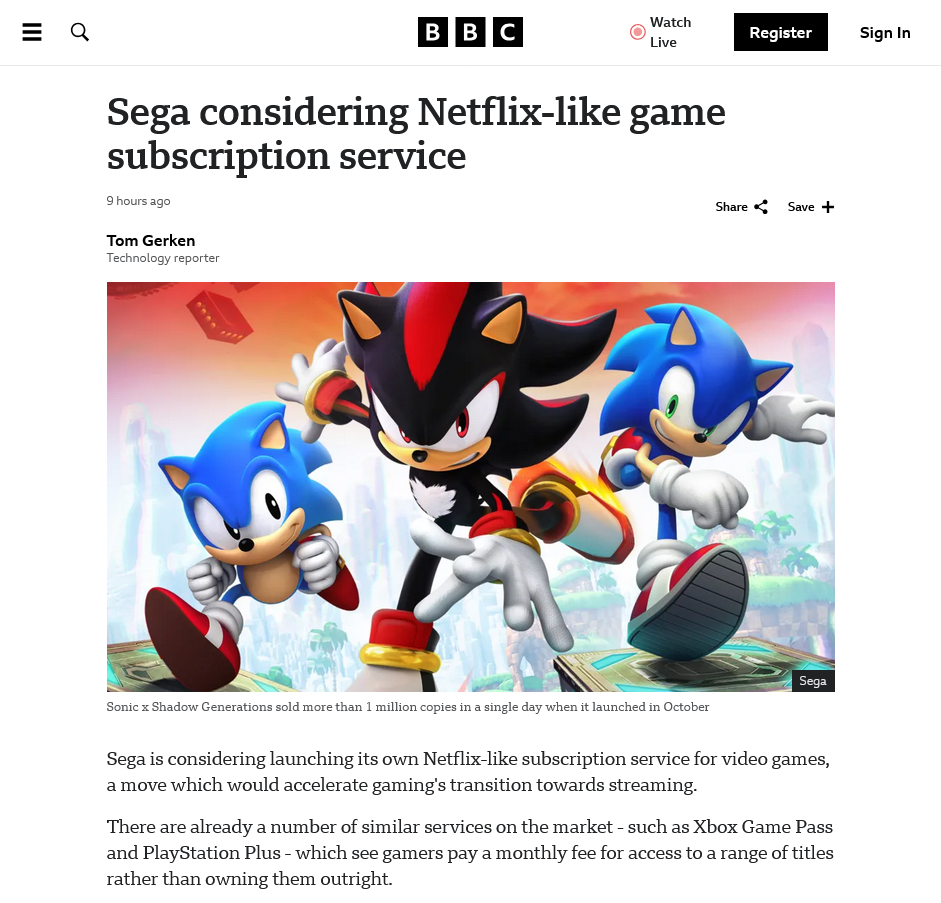 传言：世嘉正在考虑推出类似XGP的游戏订阅服务
