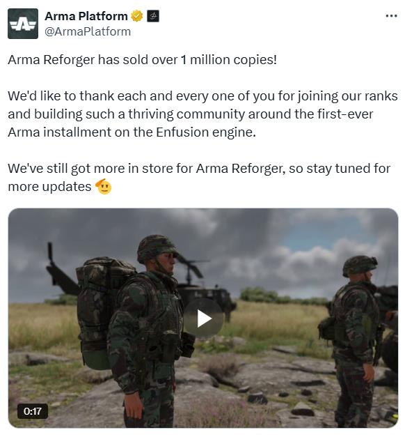 《武装突袭Reforger》销售额突破100万。更多内容正在准备中
