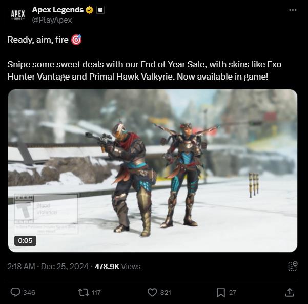 缺乏新内容引发不满。《Apex英雄》圣诞节期间每日活动最少少于40，000
