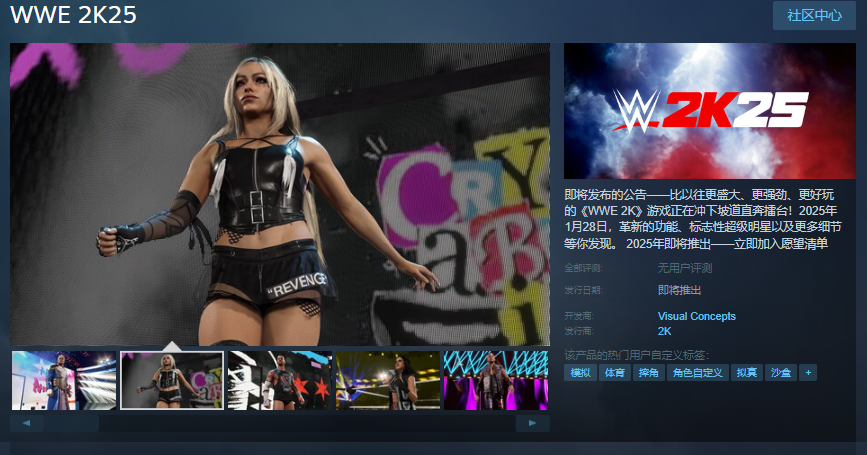 《WWE 2K25》Steam页面开放发布日期待定
