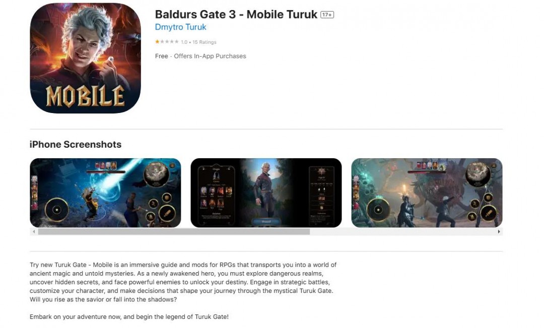 Fake《博德之门3》出现在AppleStore中并支付30美元即可玩
