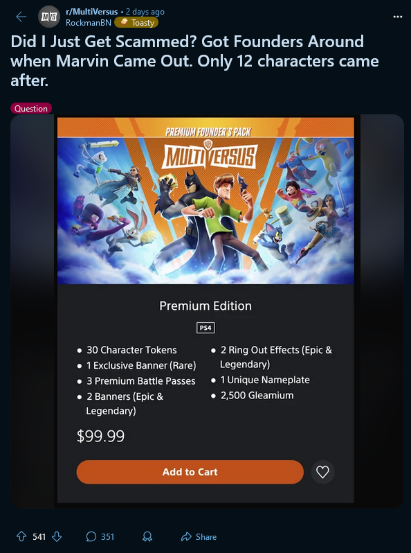 《华纳大乱斗》最弱势玩家：买了100美元的“创始人包”
