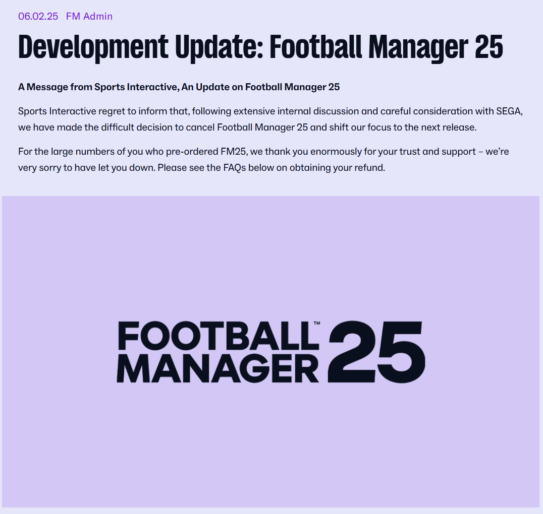 《足球经理25》宣布取消开发，开发商将专注于开发新作品
