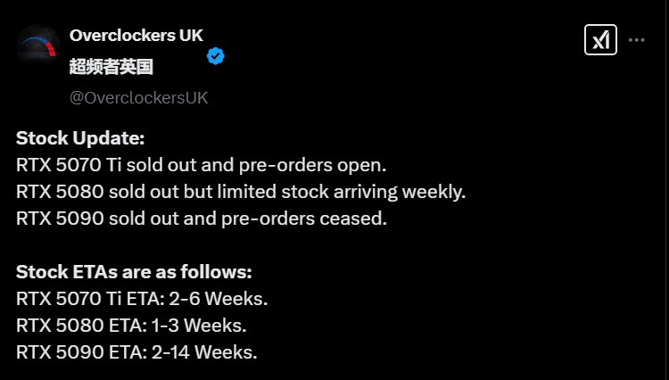根本没有机会抢夺！等待RTX5070Ti的到来花了一个半月：RTX5090更糟糕
