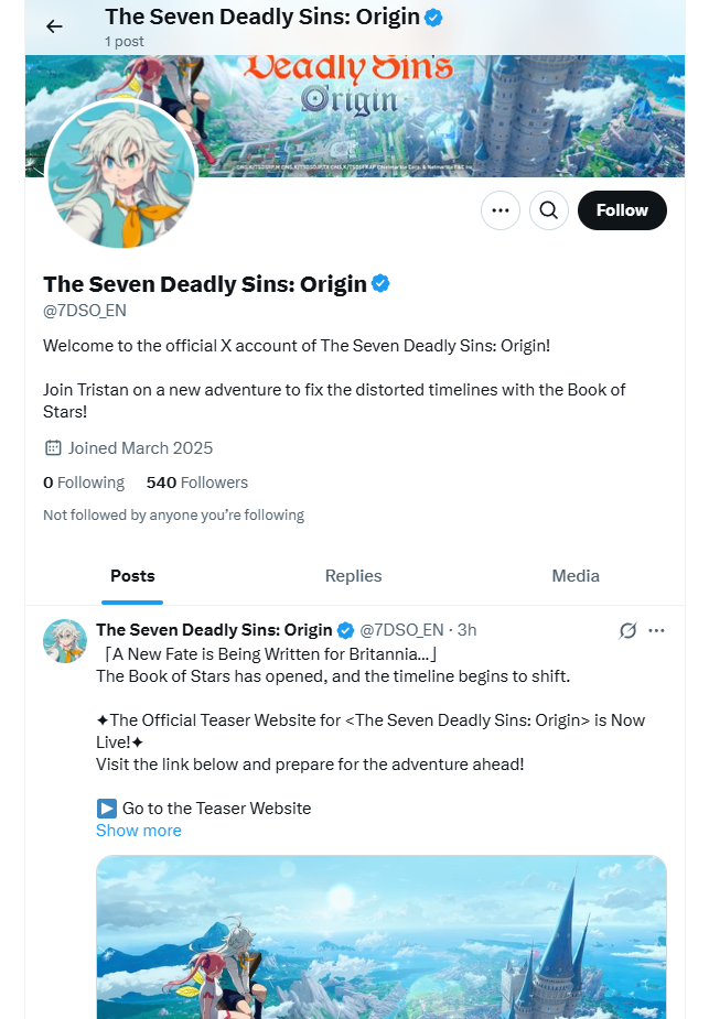 《七大罪：起源》开设促销网站和社交媒体帐户
