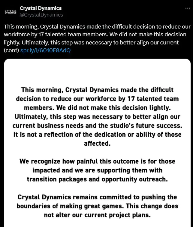 《古墓丽影》开发商CrystalPower裁员17名员工
