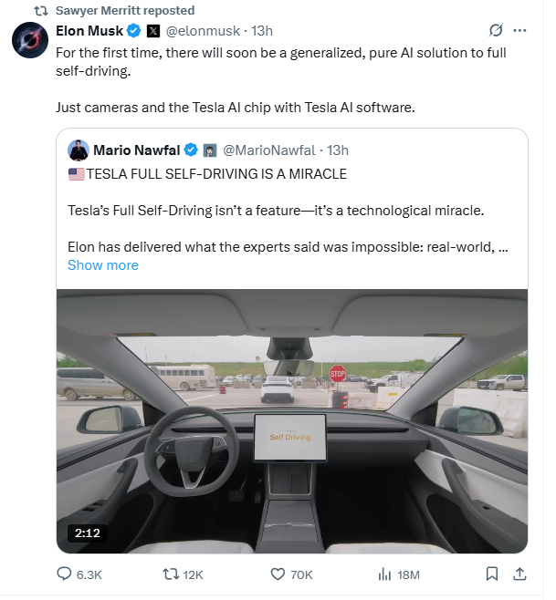 马斯克谈到仅使用摄像头、AI芯片和AI软件即可实现完全自动驾驶
