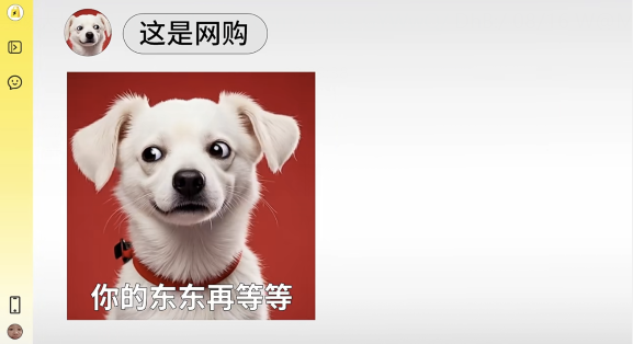 美团快闪购物在线宣传图片配狗，并配文“你的东西等一下”
