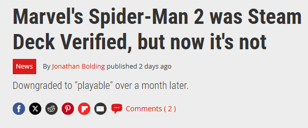 《漫威蜘蛛侠2》悄然降低了SteamDeck兼容性评级，但仍在玩
