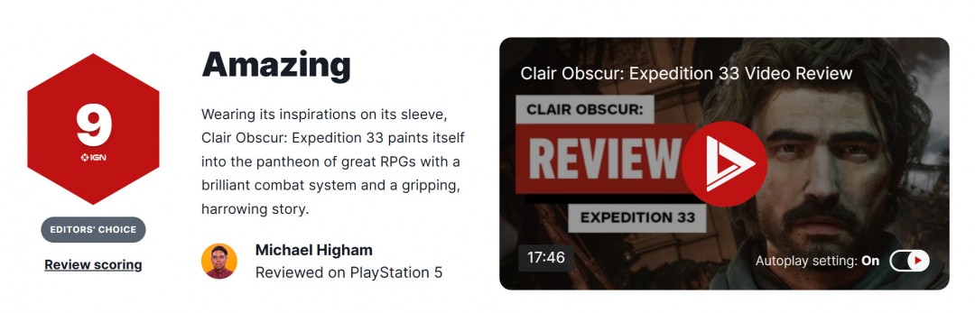 《光与影：33号远征队》媒体评分提升IGN9分
