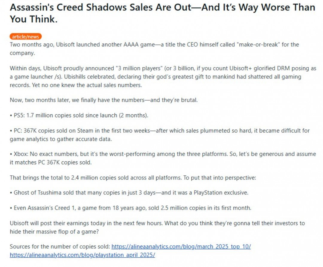 据传《刺客信条：影》售出两个月内仅售出240万台
