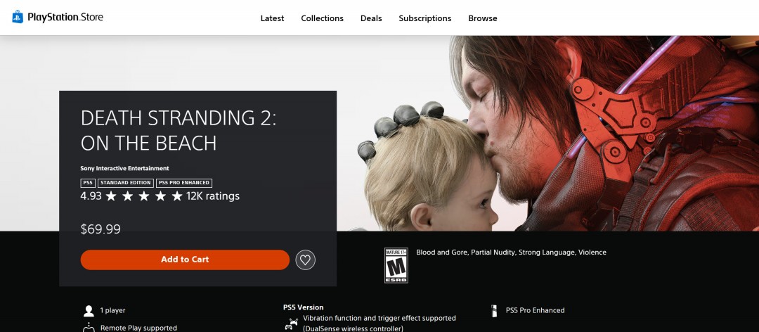 《死亡搁浅2》PSN用户评分为4.93分，是目前PSN上最高的
